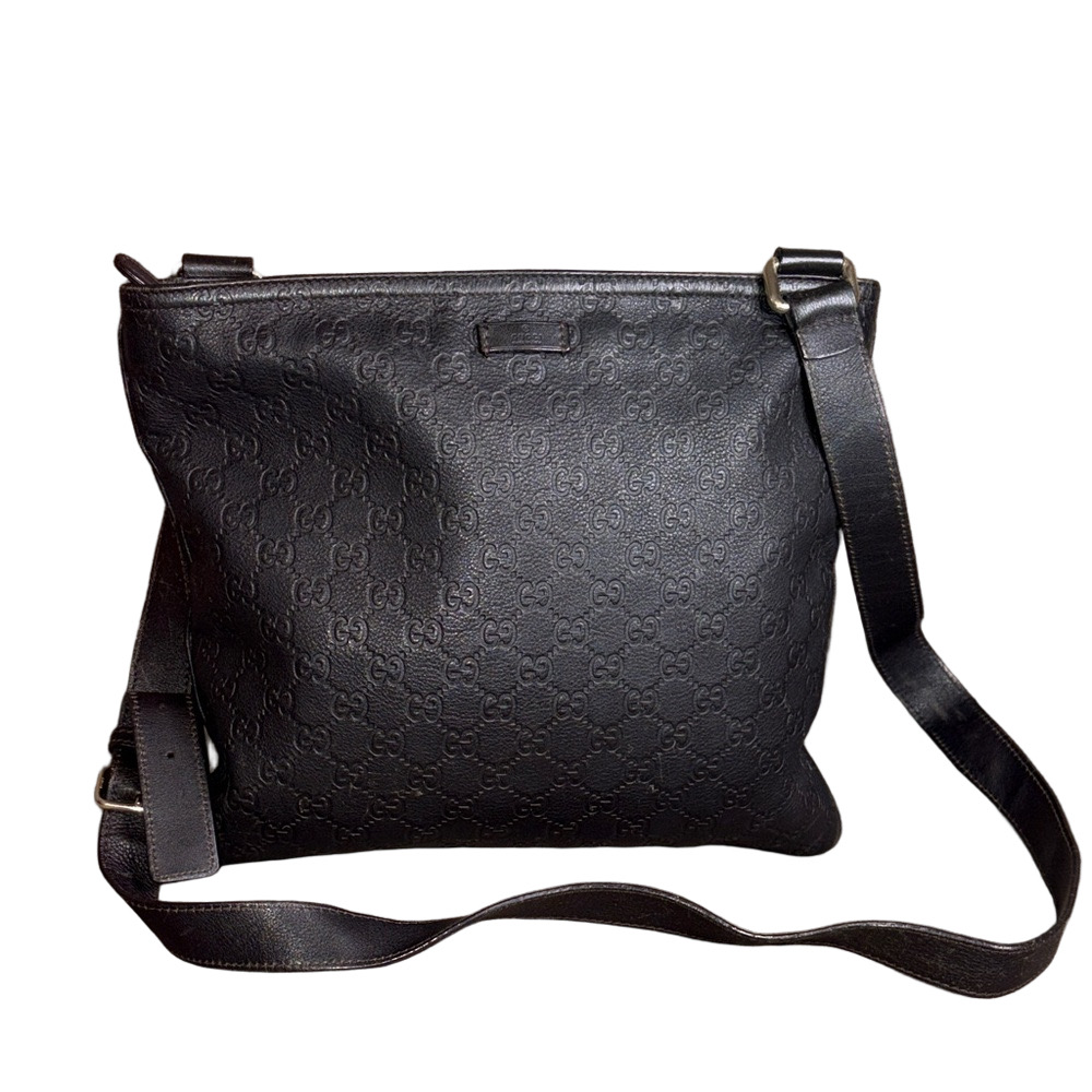Gucci Embossed Black Leather Messenger Bag